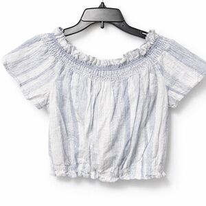 ASTR The Label Blue & White Striped Off-Shoulder Smocked Crop Top